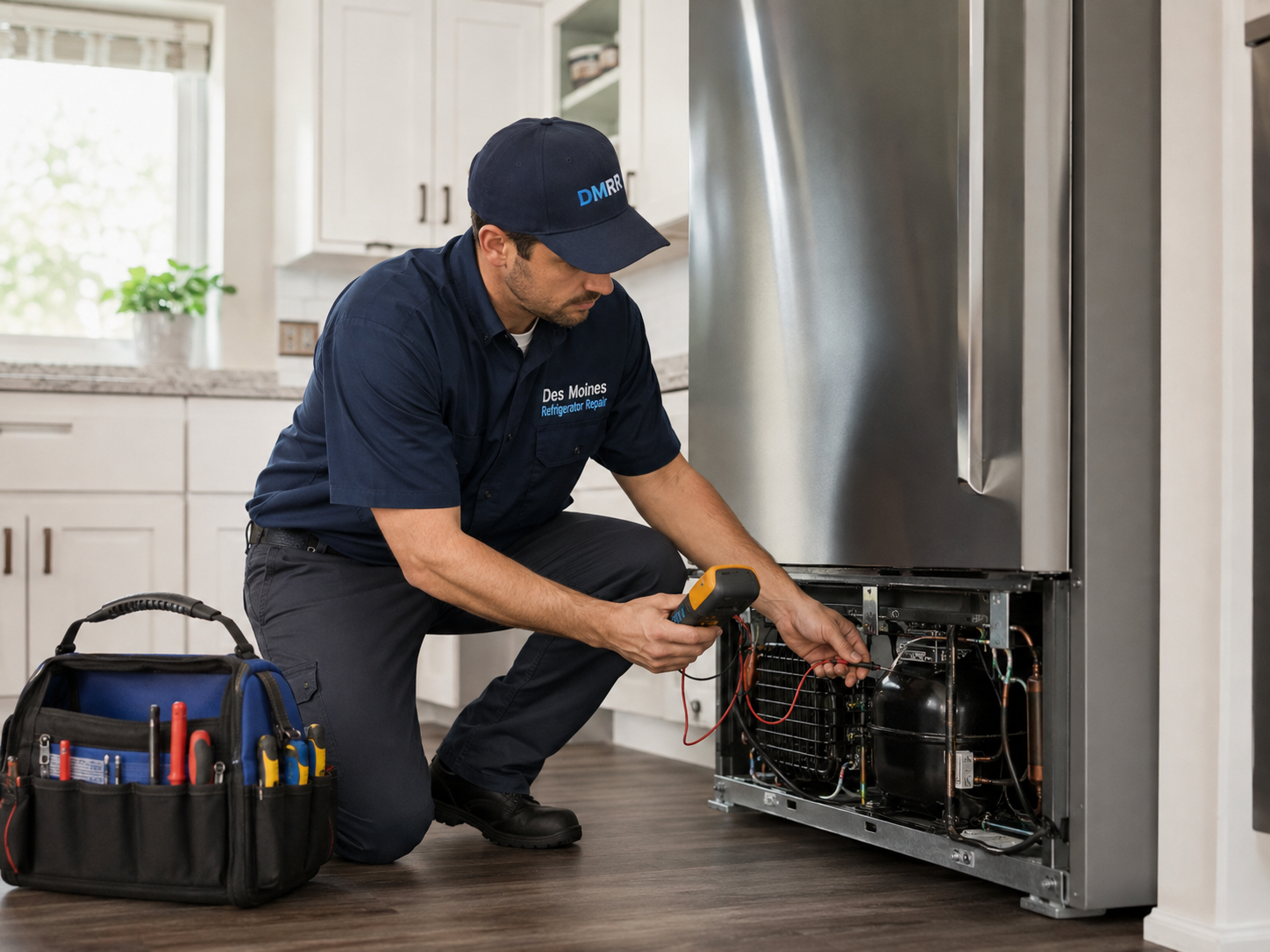 Refrigerator repair technician servicing a stainless-steel refrigerator in Des Moines