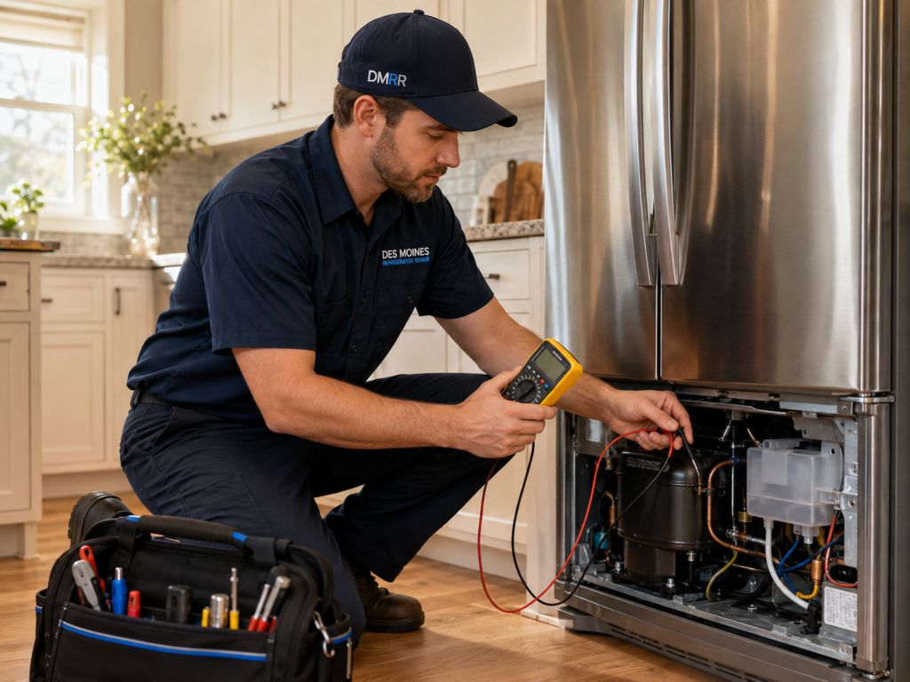 Des Moines refrigerator repair technician diagnosing refrigerator