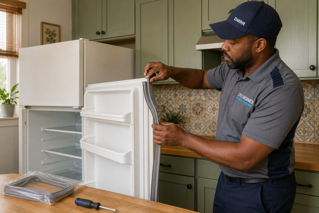 Technician Replaces White Refrigerator Door Gasket